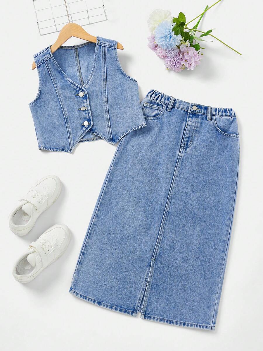 Tween Girl Light Denim Blue Outfit Made Of Soft, Skin-Friendly Cotton Denim Fabric That Has Undergone Special Washing Treatment - Light Wash - View 1
