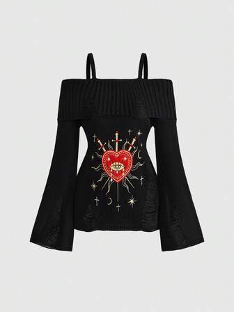 Goth Pull ample à épaules dénudées avec broderie en forme de cœur, manches évasées. Tenue décontractée pour l'automne/hiver pour femmes