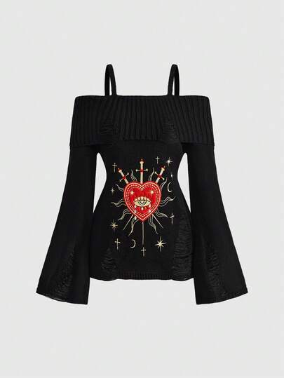 Goth Suéter casual de mujer con bordado de corazón y mangas acampanadas descubiertas, otoño/invierno