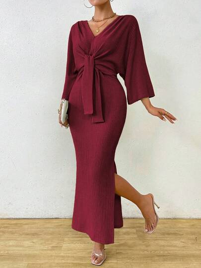Celisse Women's Elegant Solid Color Batwing Sleeve Side Slit Fishtail Dress, Spring & Autumn Maxi Women Outfit