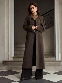 ZEYLAH Cappotto lungo elegante da donna con colletto a cravatta, tasche inclinate, cintura, colore unito, adatto per autunno/inverno - Marrone Cioccolato - Visualizzare 3