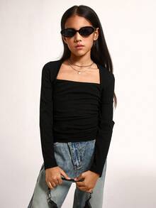 Radiana Tween Girls T-Shirt With Queen Anne Neckline For Everyday Casual Style Long Sleeve,Fall/Winter,Halloween ,Christmas,Party,Graduation ,Elegant - Black - View 6