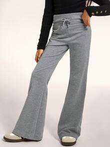 Radiana Tween Girl Fashion Casual Knitted Flared Pants - Grey - View 4
