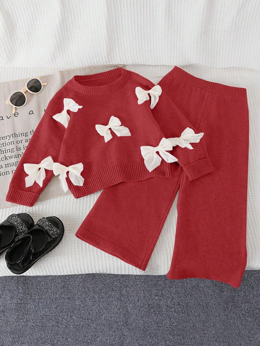SHEIN Playful Pals 少女甜美蝴蝶結針織毛衣與休閒直筒褲2件組,紅色秋季仙女派對返校時尚套裝服飾 - 紅色 - 查看 1