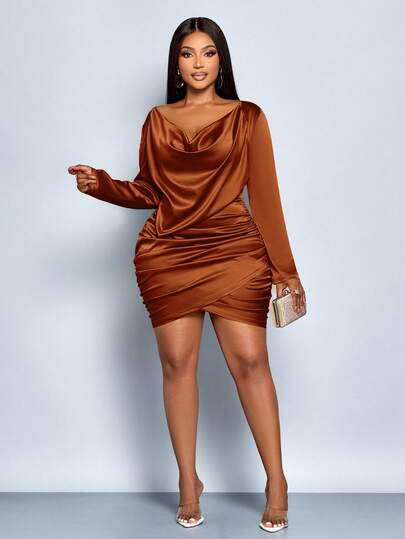 SOLERSUN Plus Size Women's Elegant Solid Color Long Sleeve Draped Collar Backless Ruched Satin Party Bodycon Short Dress,Ginger Satin Shiny Dress With A Swinging Collar, Stacked Collar, Waist Bag, Hips, Asymmetrical Hem, And Pleats,Party Dress,Wedding Guest Dress,Graduation Dress,Halloween,Christmas,New Yaer Look