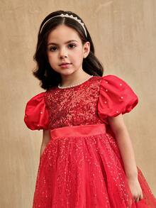 SHEIN Glamorique Kids Christmas Young Girl Party Dress, Girls Princess Tulle Dress With Puff Sleeves, Faux Pearl Decor, Sequin Mesh Skirt, Bow Back, Suitable For Stage, Piano Performance, MiddlRomantic - Red - View 4