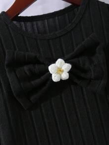 Girls Casual Minimalist Round Neck Raglan Long Sleeve Short Solid Color 3D Bow Knit Flower T-Shirt Paired With High Waist Long Flared Solid Color Fuzzy Ribbed Pants Set, Fashionable Autumn/WinterTwo Piecese Outfit For Girls - Black - View 8