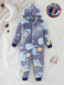 SHEIN Playful Pals 小男孩可爱恐龙印花羊毛拉链连帽连体裤，温暖舒适的休闲家居服，秋冬 - 彩色 - 查看 1