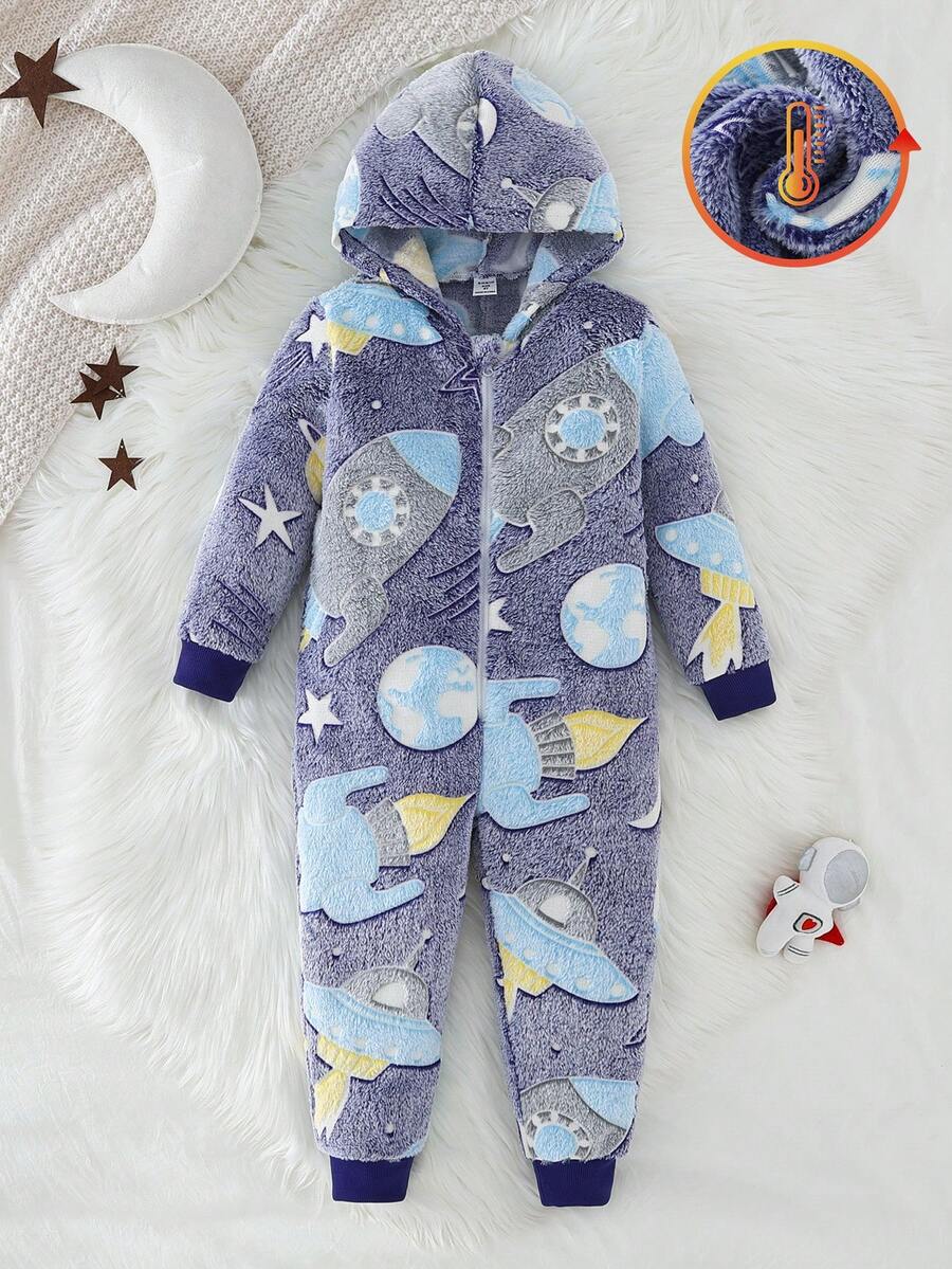 SHEIN Playful Pals 小男孩可爱恐龙印花羊毛拉链连帽连体裤，温暖舒适的休闲家居服，秋冬 - 彩色 - 查看 1