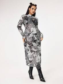 ROMWE Grunge Punk Đầm ôm body co giãn lưới in họa tiết cá chép cổ điển cỡ lớn gợi cảm dành cho nữ - Đen và trắng - Xem 8