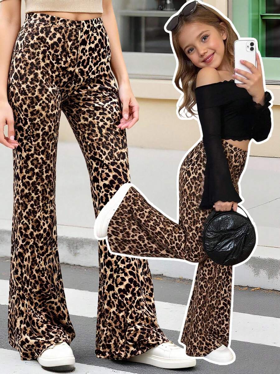 SHEIN 少女针织合身喇叭裤 - 棕色 - 查看 1