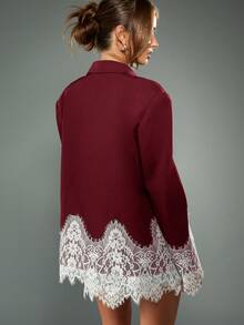 MISSGUIDED 宽松版型超大号勃艮第色西装外套，搭配白色蕾丝边下摆细节，商务休闲办公室正式夹克 - 酒紅色 - 查看 2