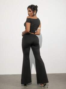 INAWLY Conjunto de blusa e calça flare de gola assimétrica de cor sólida para mulheres