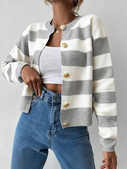 EMERY ROSE Elegant mjuk stickad kort kofta för kvinnor, randig färgblocksdesign med öppen framsida och knappar, långärmad stickad tröja, höst/vinter