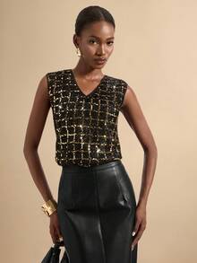 SHEIN Veneréa Women's Contrast Color Sequin V-Neck Sleeveless Tank Top