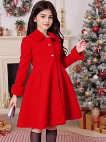 Abrigo de lana con mezcla de piel sintética de unicolor con parches y dobladillo acampanado para niña, otoño/invierno