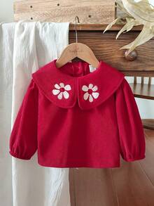 SHEIN Vintaside Kids 1 件幼儿女童舒适休闲韩版翻领 3D 刺绣灯芯绒长袖百搭上衣，适合春秋冬日常穿着 - 紅色 - 查看 4