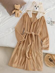 Men's Cozy Khaki Simple Hooded Long Sleeve Long Robe, Fluffy Bathrobe, Winter - Khaki - View 1