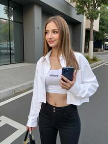 INAWLY Women's Solid Color Drop Shoulder Short Fashionable Casual Loose Long Sleeve Shirt - White - View 3
