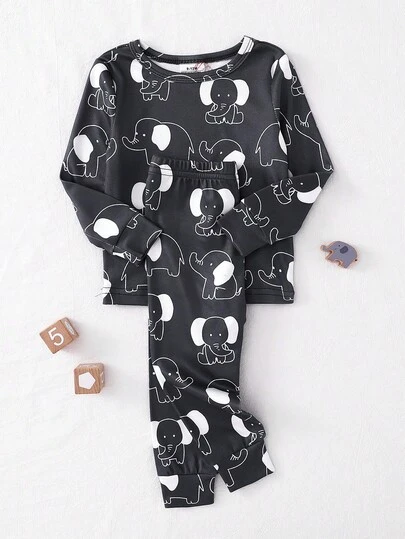 2 Piece Sets Snug Fit Boys' Round Neck Long-Sleeved Top And Pants Pajama Set, Soft Knit Fabric, Cute Elephant Print All-Over Print, Baby Boy's Loungewear Pajama Set. Baby Boy Clothes