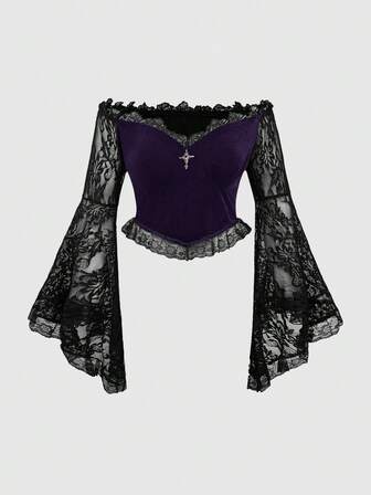 Plus Size Women Gothic Off Shoulder Lace Bell Sleeve Velvet Fitted Top