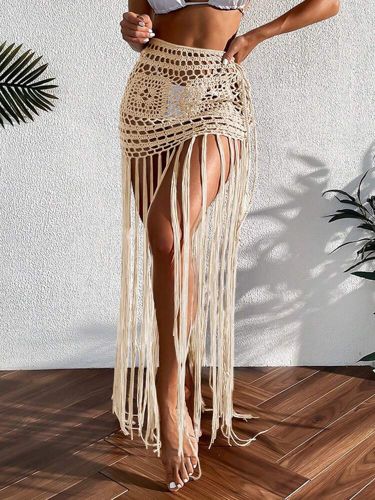 Swim Vcay Summer Beach 1pc Women's Fringe Crochet Cover Up Skirt Music Festival - Apricot - View 2