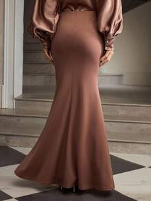 ZEYLAH Women's Romantic Elegant Elegant Simple Solid Color High Slit Fishtail Hem Skirt - Pink - View 6