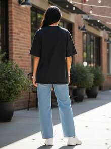 Mujer street style moderno estampado letras tela cómoda corte holgado cuello redondo manga corta primavera verano uso diario camiseta - Negro - Ver 2