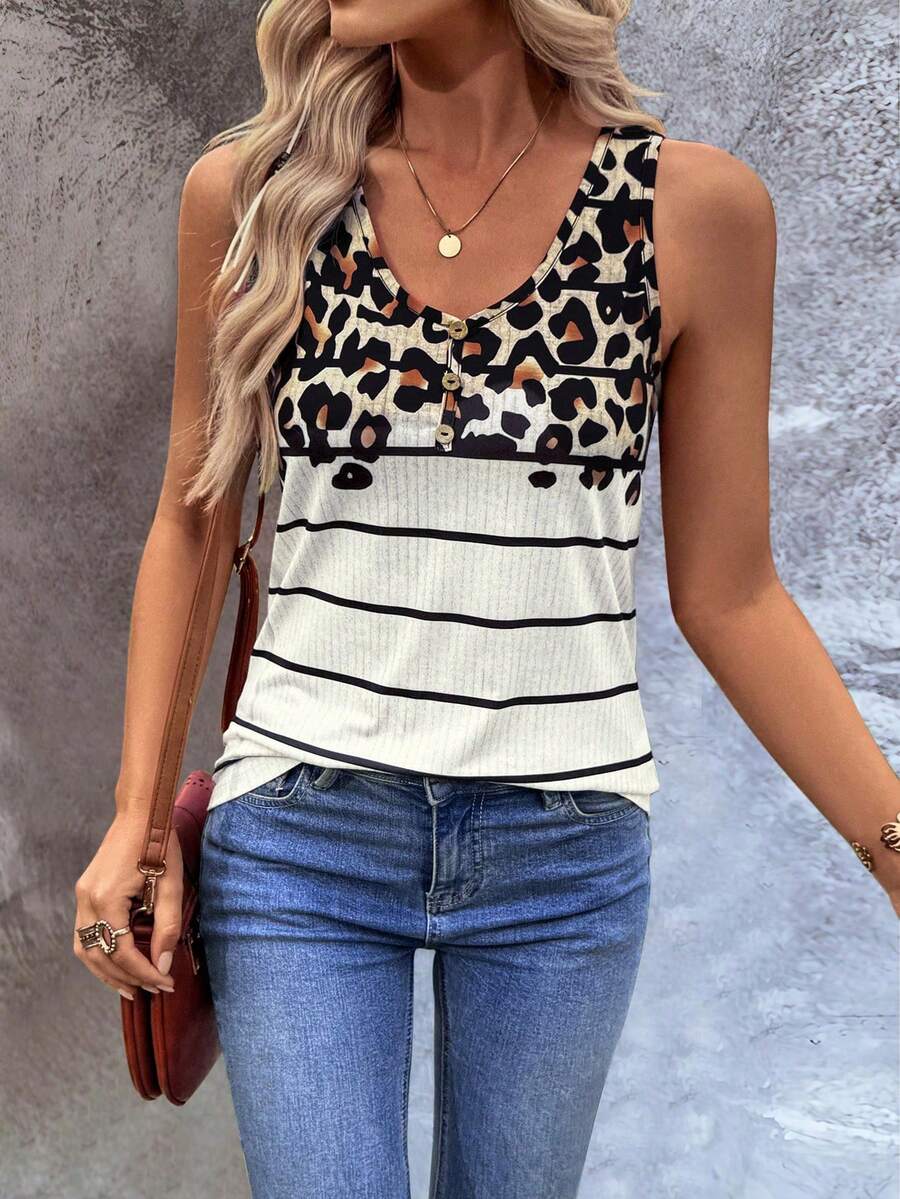SHEIN LUNE V-Neck Fashionable Leopard & Striped Print Women Tank Top - Multicolor - View 1