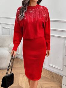 SHEIN LUNE 2pcs/Set Sweater Lengan Kelelawar Berhiaskan Rhinestone dan Rok Bodycon Wanita, Merah Natal, Tahun Baru - Merah - View 5