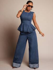Vixey Fold Over Cuffed Hem Elastic Waistband Wide Leg Jeans - Medium Wash - View 3