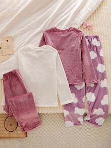 Genkimix Kids 4pcs Girls Eyelash, Heart & Cloud Pattern Fleece Pajama Set, Comfortable Loungewear For Autumn/Winter
