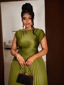 Maweii 大码女士圣诞派对优雅纯色褶皱圆领无袖连衣裙 - 綠色 - 查看 6