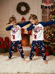 SHEIN 青少年男孩休闲简约圣诞可爱鹿印花舒适长袖圆领睡衣套装，适合秋冬季 - 紅色 - 查看 1