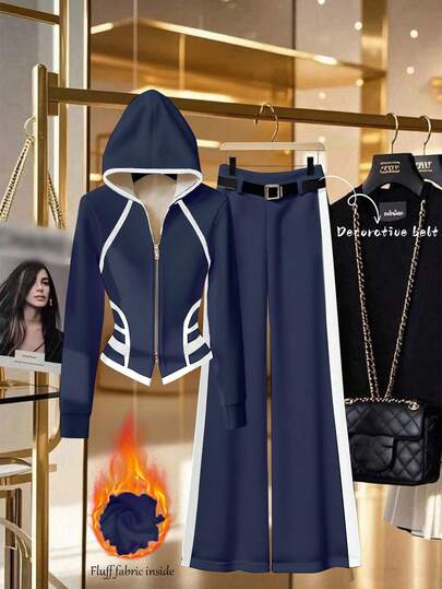 GlowEve 2pcs Women's Zip-Up Hooded Jacket And Wide-Leg Pants Thermal Lined Set