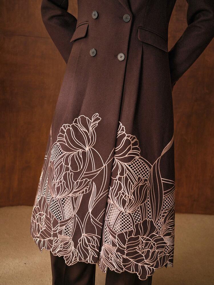 Women's Fashionable Brown Embroidered Overcoat