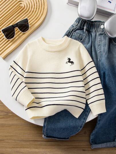 Toddler Crew Neck Long Sleeve Striped Contrast Color Embroidery Casual Style Baby Boy Jumper Baby Boy Knitted Sweater Baby Solid Color Sweater Toddler Sweater Baby Boy Long Sleeve Sweater Baby Boy Clothes Long Sleeve Baby Knitted Sweater Sweater For Baby Boy