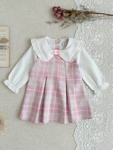 SHEIN 女婴荷叶边领蝴蝶结泡泡袖褶皱连衣裙，优雅可爱，适合日常、通勤、休闲穿着 - 粉色 - 查看 2