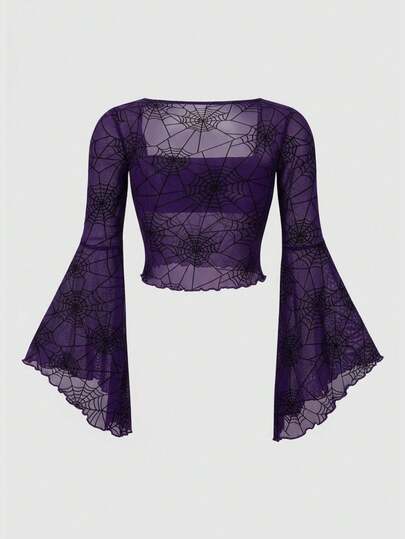 ROMWE Goth 加大码女式哥特式方领蜘蛛网喇叭袖修身衬衫，紫色