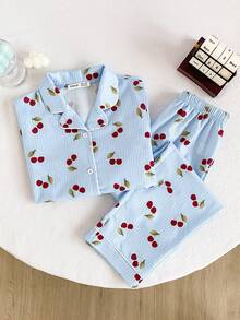 2pcs Girls Casual Cherry Striped Print Button Front Comfortable Loungewear Set Blue Clothes Set Cherry Pajama Set Cherry Kids Outfit Cherry Two Piece Set For Girl Pajama Set Pajama Set Teen Girls Girl Sleepwear - Blue - View 5