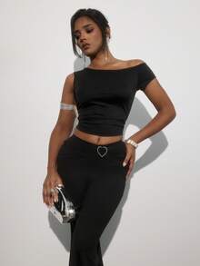 INAWLY Conjunto de blusa e calça flare de gola assimétrica de cor sólida para mulheres