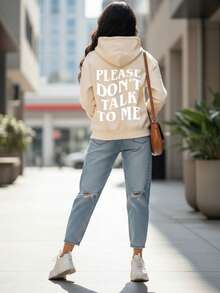 Mujer sudadera casual estilo urbano letras grandes bordadas color sólido oversize cuello redondo manga larga otoño invierno uso diario reuniones Sudadera - Beis - Ver 3