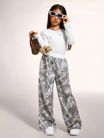Radiana Tween Girls Casual Sporty Streetwear Fashion Camouflage & Leaf Print Contrast Waistband Loose Wide-Leg Sweatpants Loose Pants Camo Pants Fall Winter