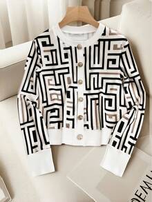 SHEIN PETITE 优雅时尚金属纽扣装饰长袖印花T恤女款秋冬 - 彩色 - 查看 5