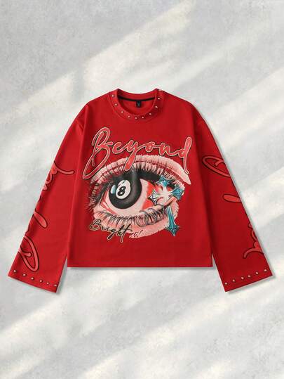 Street Life Men's Studded Letter & Eye Print Crew Neck Long Sleeve T-Shirt