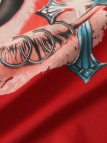 ROMWE MEN Street Life 男式铆钉字母和眼睛印花圆领长袖 T 恤 - 紅色 - 查看 3