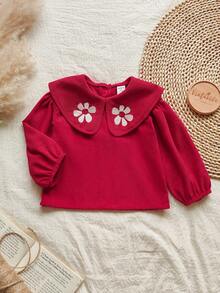 SHEIN Vintaside Kids 1 件幼儿女童舒适休闲韩版翻领 3D 刺绣灯芯绒长袖百搭上衣，适合春秋冬日常穿着 - 紅色 - 查看 3