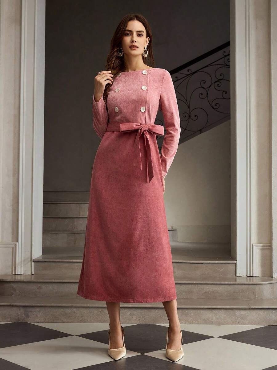 ZEYLAH 女士优雅简约纯色双面雪尼尔撞色双排扣系带腰中长连衣裙 - 粉色 - 查看 1