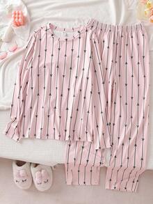 女式休闲可爱蝴蝶结印花全身图案长袖上衣和裤子两件套睡衣套装