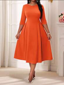 SHEIN Lady Váy dạ hội hóa trang cỡ lớn màu tím thanh lịch cho mùa hè và mùa đông, cổ tròn, tay dài bồng bềnh, cỡ lớn, váy dài tay màu trắng, quần áo ngày lễ tình nhân, ngày lễ tình nhân cho ngày lễ tình nhân - trái cam - Xem 1